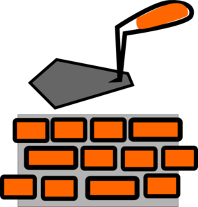 A stylized illustration of a bricklayer’s trowel applying mortar to a red brick wall, with a dollop of mortar mid-air.