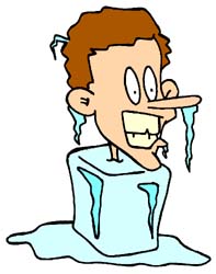 Cartoon man with exaggerated expression frozen inside a melting ice cube, water dripping from his face and the block.