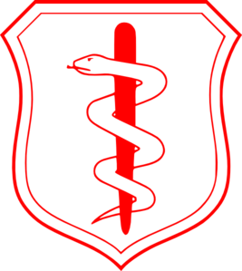 Red caduceus symbol with two snakes entwined around a winged staff, enclosed in a shield outline on black background.