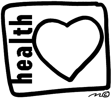 Hand-drawn heart inside a square with the word "health" written vertically on the left side.