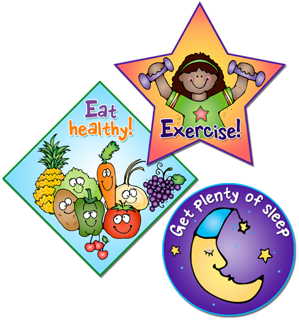 Three colorful health-themed icons: "Eat healthy!" with smiling fruits/veggies, "Exercise!" with a girl lifting weights in a star, and "Get plenty of sleep" with a sleeping moon.