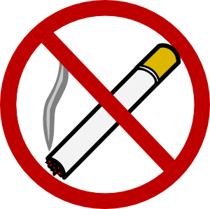 Red circle with diagonal line over a lit cigarette, indicating no smoking.