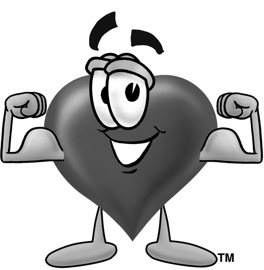A smiling cartoon heart with arms flexing muscles, wearing a headband and expressive eyes.