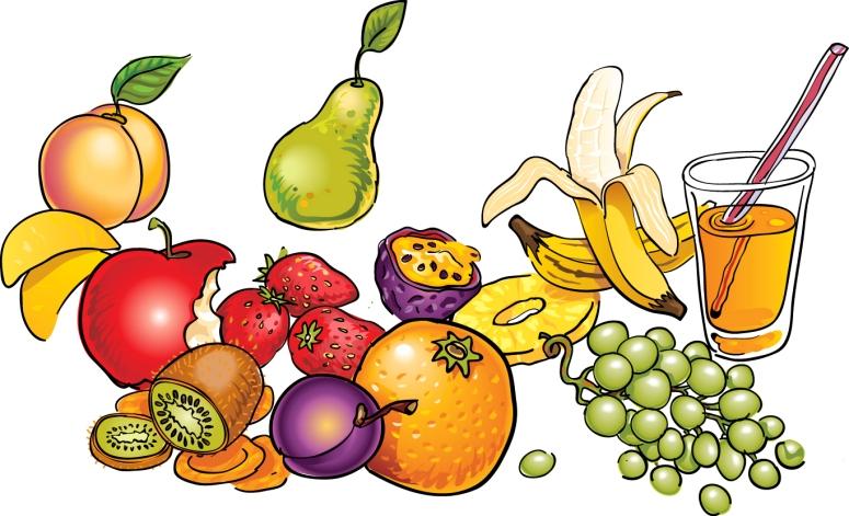 Colorful illustration of fresh fruits including apple, banana, orange, grapes, kiwi, pear, strawberries, and a glass of juice.