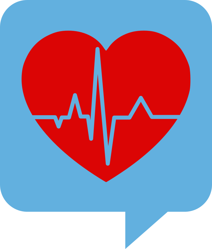 Red heart with EKG line inside a blue speech bubble icon, symbolizing cardiac health communication.