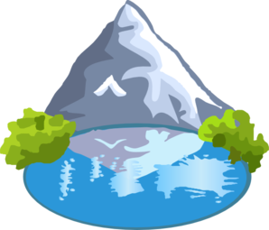 Snow-capped mountain reflected in a serene blue lake with green shrubs on either side.