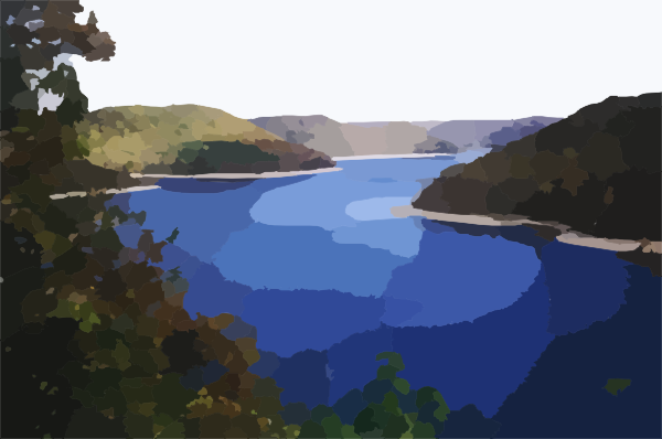 Serene blue lake nestled between forested hills under a soft sky, stylized painterly landscape.