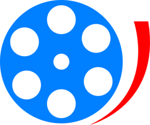 Blue film reel icon with red ribbon, symbolizing cinema or video production.