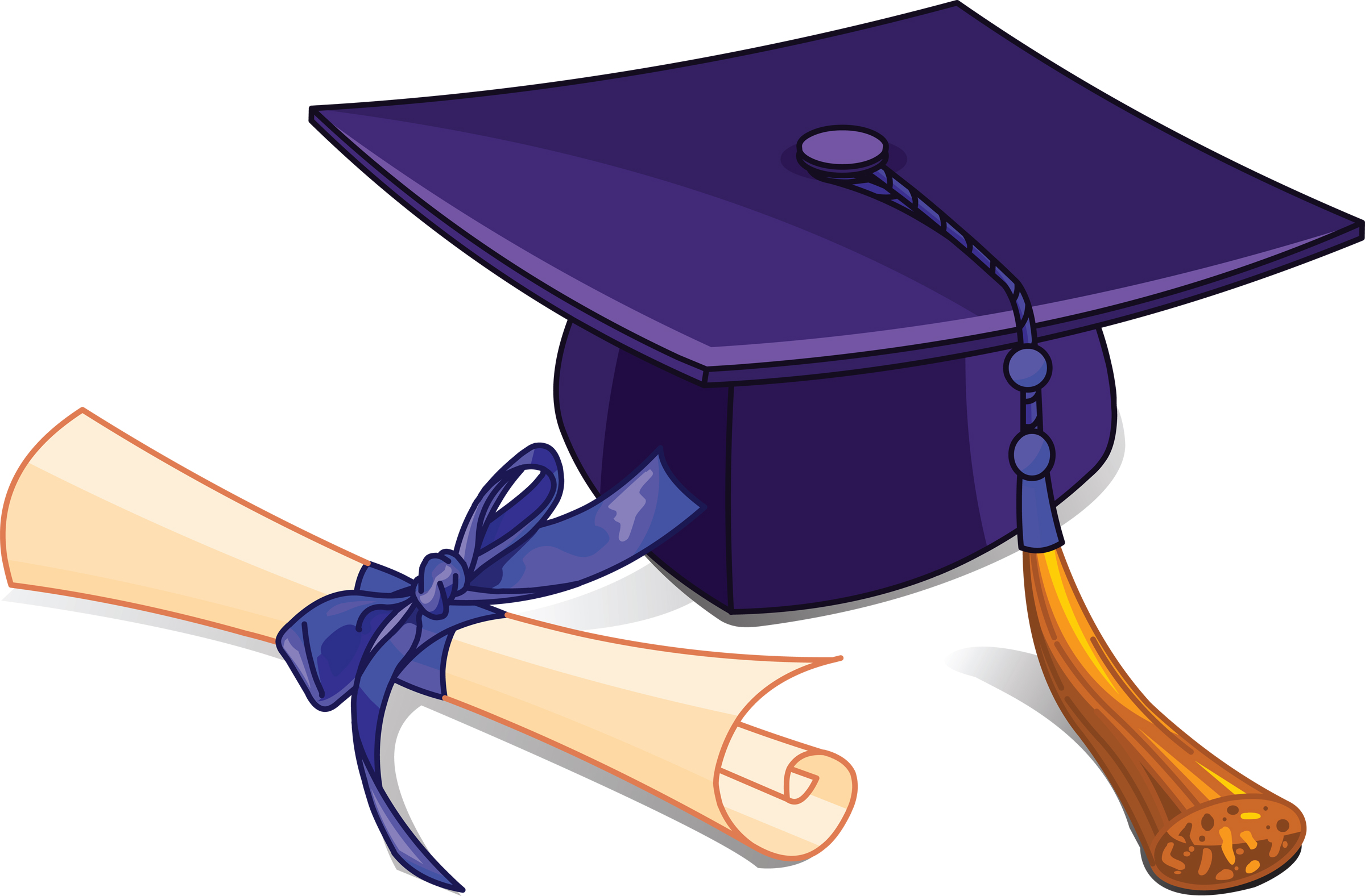 Purple graduation cap with gold tassel beside a rolled diploma tied with blue ribbon.