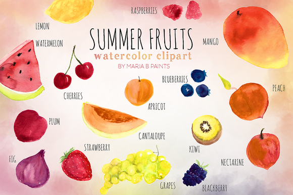 Watercolor illustration of summer fruits including watermelon, mango, peach, strawberries, cherries, grapes, kiwi, and berries, labeled with names.