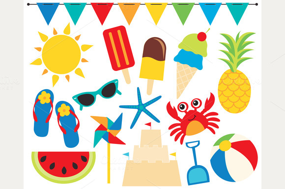 Bright summer icons including sun, popsicles, pineapple, crab, flip-flops, sunglasses, sandcastle, beach ball, watermelon, and bunting flags.