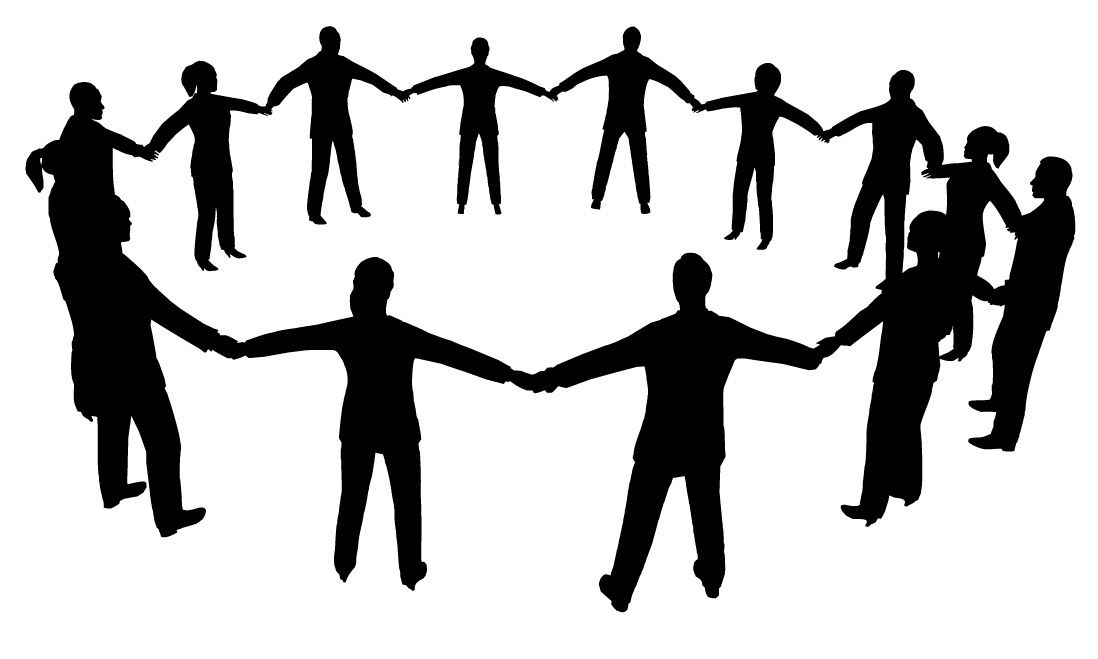 Silhouettes of diverse people holding hands in two concentric circles, symbolizing unity, teamwork, and community collaboration.