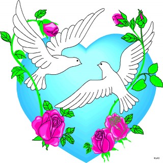 Two white doves flying toward each other inside a blue heart, surrounded by pink roses and green vines.