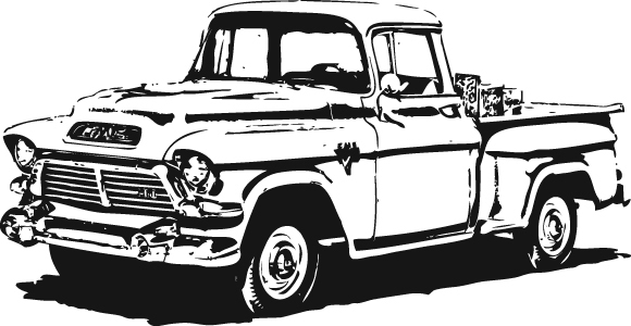 Black-and-white line art illustration of a classic 1950s GMC pickup truck with chrome grille and side-mounted spare tire.