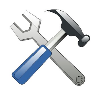 A blue-handled wrench crossed with a silver claw hammer on a white background, symbolizing tools and repair work.