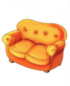 Bright orange two-seater tufted sofa illustration with rolled arms and wooden legs.