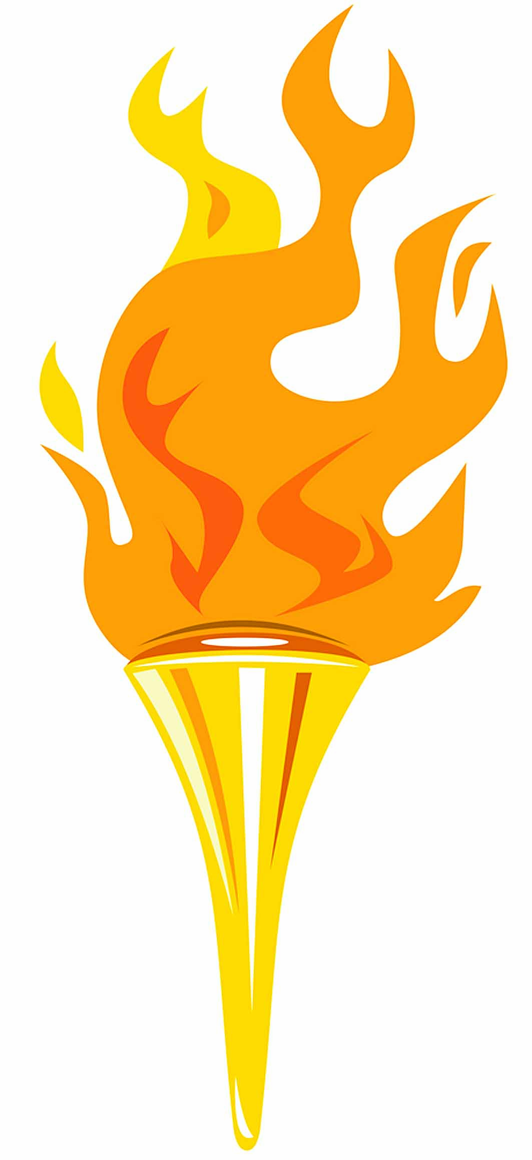 Golden Olympic-style torch with vibrant orange and yellow flames against white background.