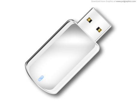 Sleek white USB flash drive with blue activity LED and gold contacts, isolated on white background.