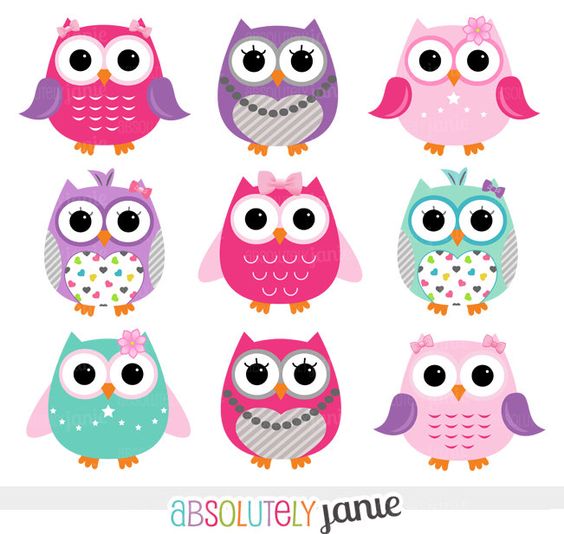 Nine colorful cartoon owls with bows, hearts, stars, and patterns in pink, purple, teal, and gray.