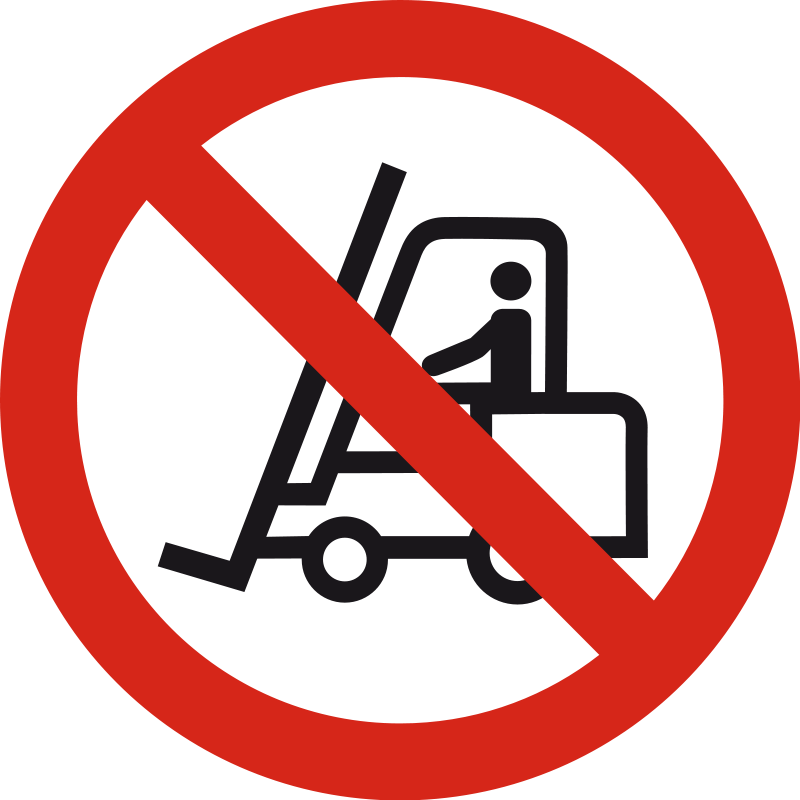 Prohibited forklift operation sign with red circle and diagonal slash over black forklift icon