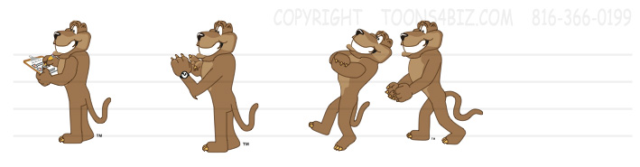 Four-panel cartoon sequence of a smiling brown bear character holding a clipboard, clapping, dancing, and walking confidently.