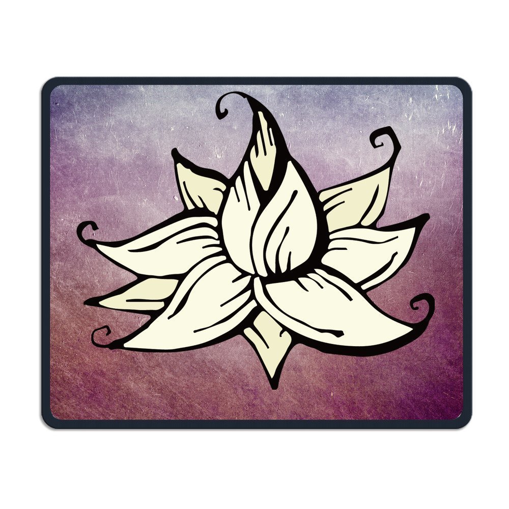 Stylized cream-colored lotus flower with black outlines on a textured purple-to-mauve gradient background, evoking spiritual calm and artistic elegance.