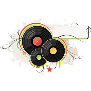 Vintage vinyl records with colorful rings and decorative swirls on a textured background.