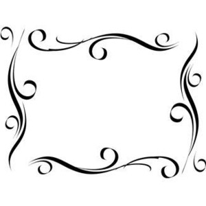 Elegant black-and-white ornamental frame with swirling vine-like flourishes on white background.