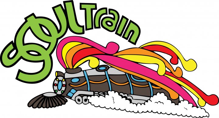 Colorful cartoon train with vibrant rainbow smoke and "Soul Train" logo in green psychedelic font.