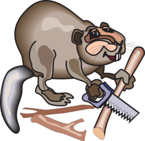 Cartoon beaver holding a saw and chewing wood, smiling with prominent teeth.