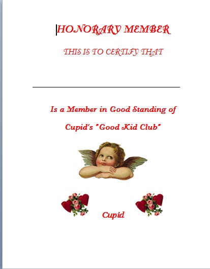 Honorary member certificate for Cupid’s “Good Kid Club” featuring a cherub and heart-themed decorations.