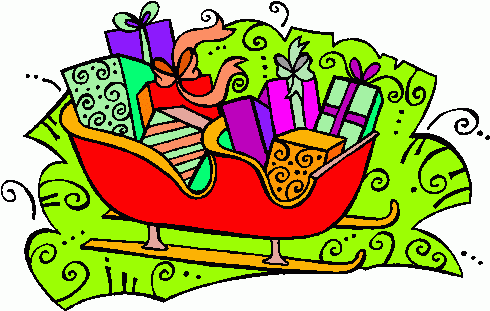 A vibrant red sleigh overflowing with colorful wrapped gifts and ribbons, set against a playful green swirl background.