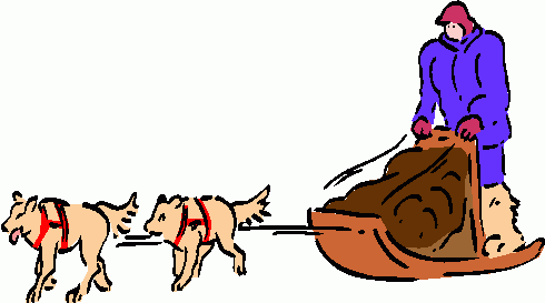 Two dogs pulling a sled with a person in winter gear holding a sack of goods.