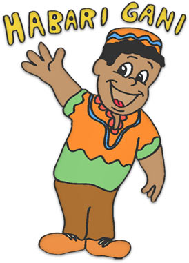 Habari Gani cartoon character waving, wearing colorful traditional East African attire with a kufi hat.