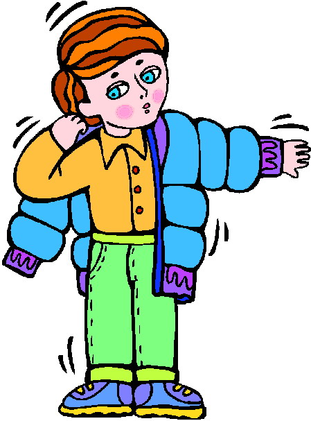 A cartoon child shivering in winter clothes-blue puffer jacket, green pants, orange hat-showing cold exposure.