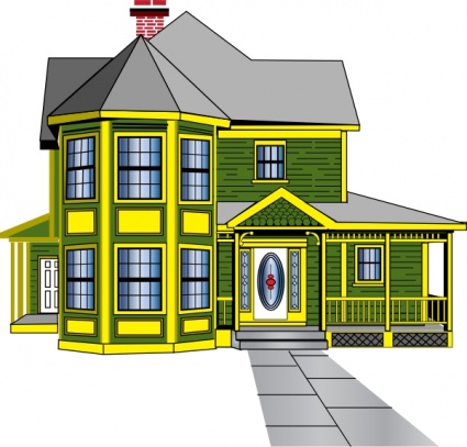 Bright green and yellow Victorian-style house with octagonal turret, wraparound porch, and red brick chimney.