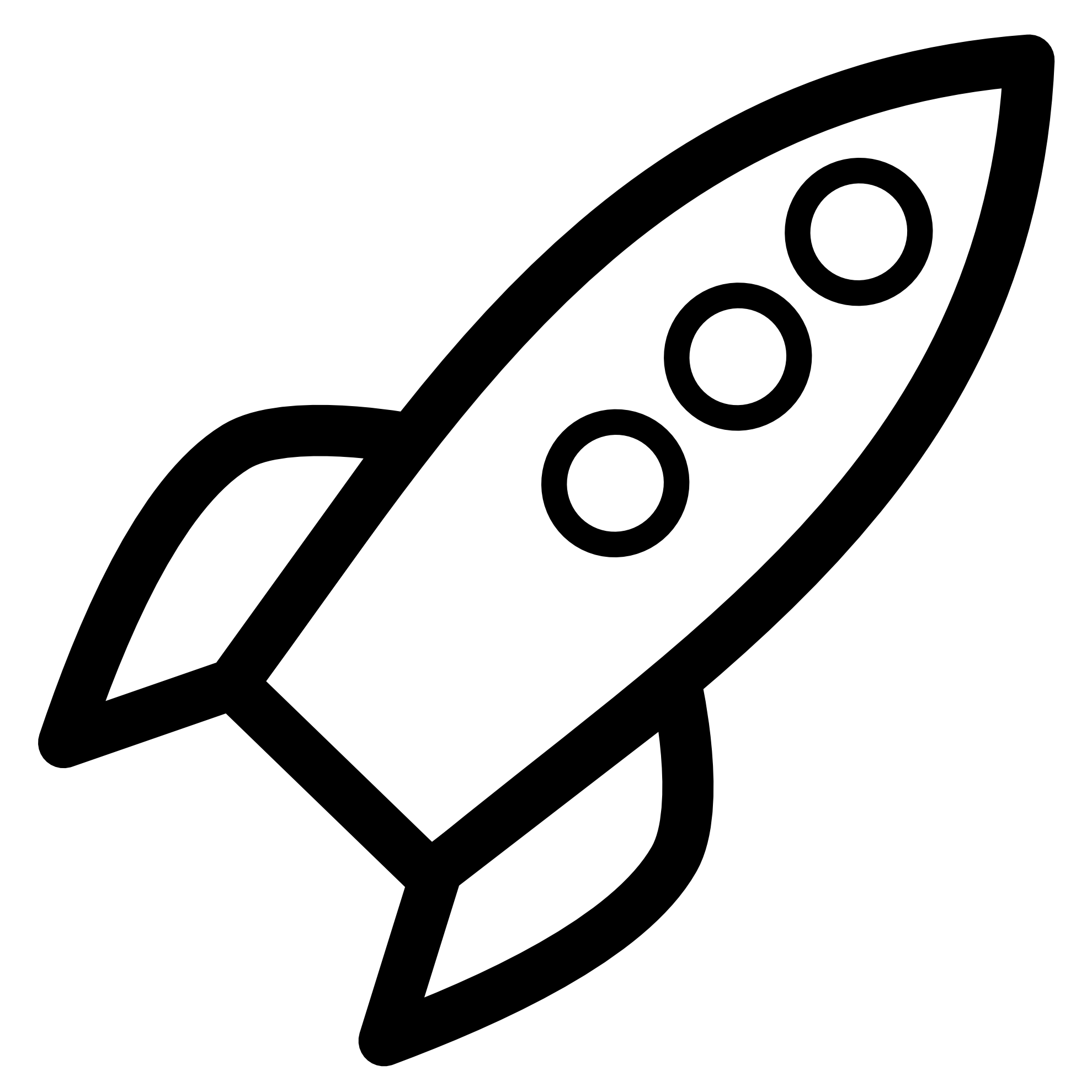Simple black-and-white line drawing of a classic rocket ship with three circular windows and fins.