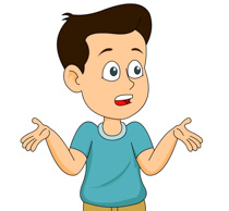 Cartoon boy shrugging with open palms, wearing blue shirt and brown hair, expressing confusion or uncertainty.
