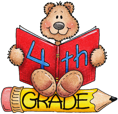 A friendly cartoon bear sitting on a giant yellow pencil, reading a red book labeled "4th Grade".