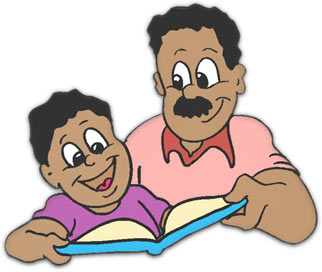 A smiling father and child reading a book together, illustrating family bonding and early literacy.