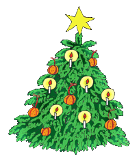 A festive green Christmas tree decorated with yellow candles, orange ornaments, and a golden star on top.
