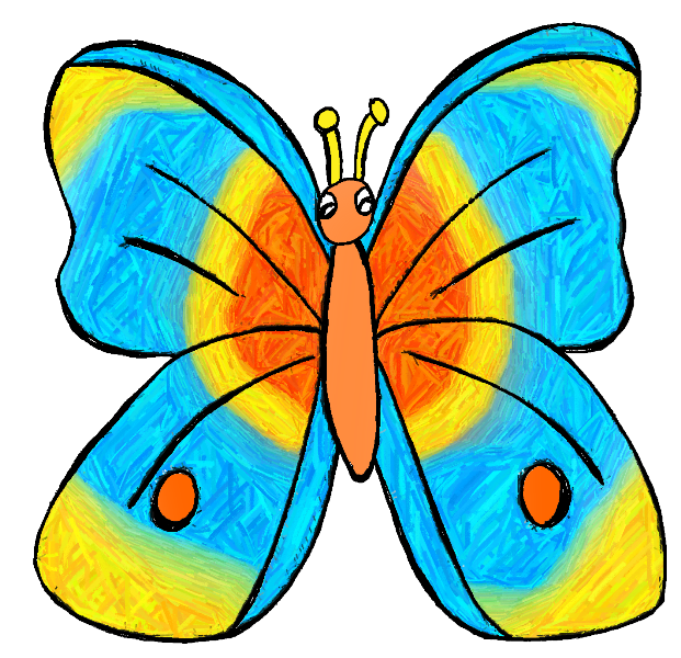 Colorful cartoon butterfly with blue, yellow, and orange wings and expressive eyes on black background.