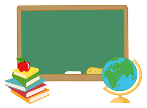Classroom scene with green chalkboard, stack of colorful books topped with red apple, and a world globe on stand.