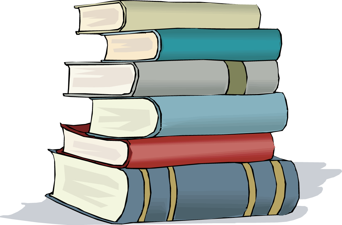Stack of six colorful hardcover books in varying sizes and bindings, illustrated in cartoon style against black background.