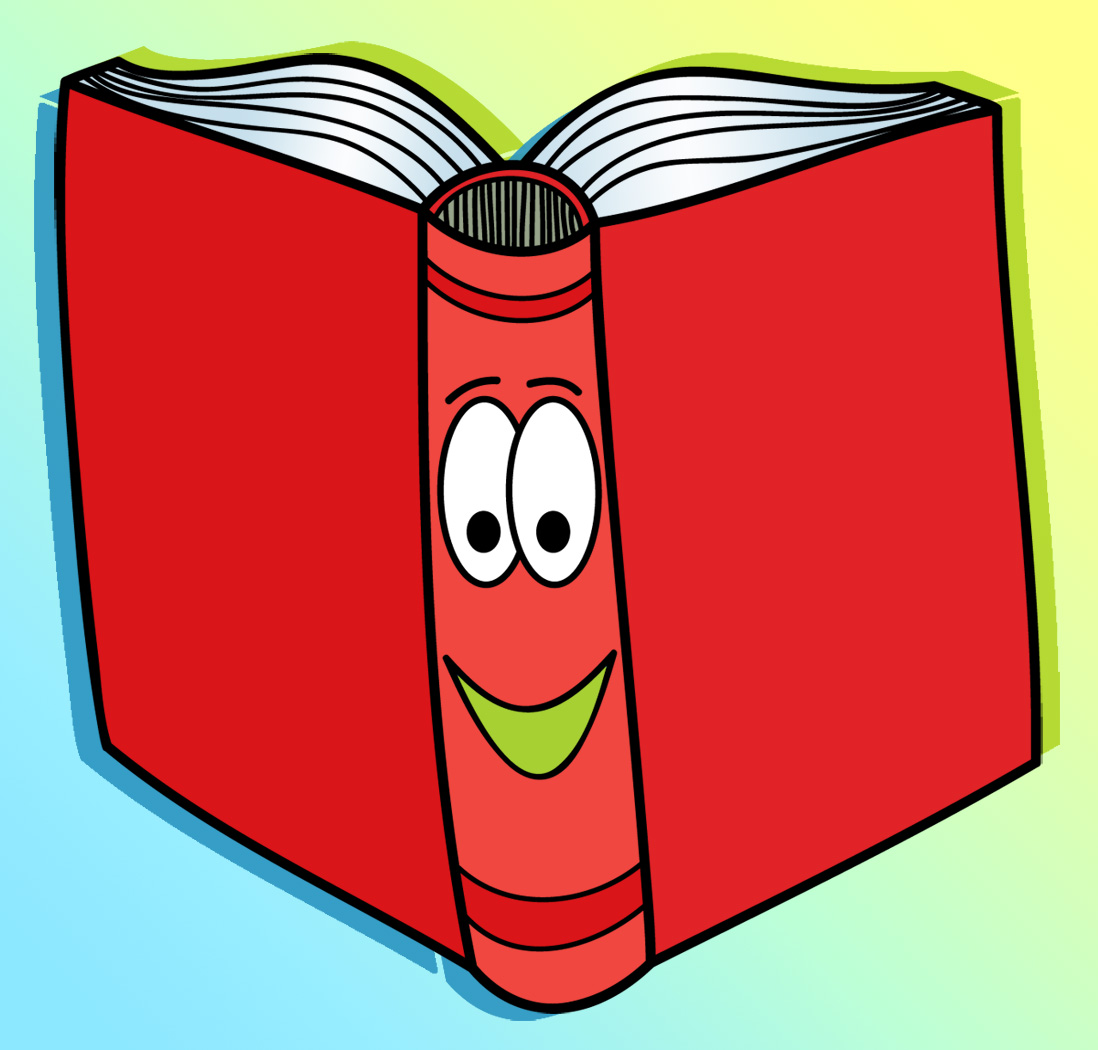 Cheerful red cartoon book with smiling face on spine, open pages, and colorful gradient background.