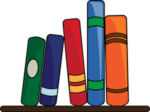 Five colorful books standing upright on a wooden shelf, including green, blue, red, and orange spines with decorative bands.