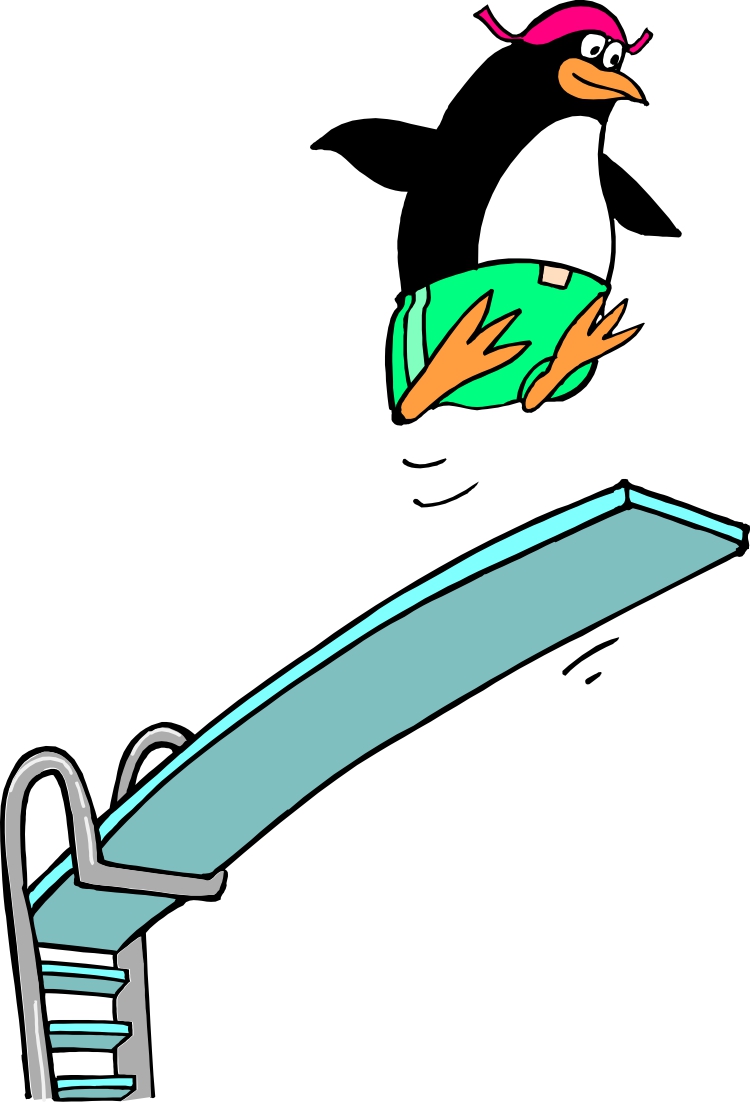 A cartoon penguin in green swim trunks and a pink bandana leaps off a diving board.