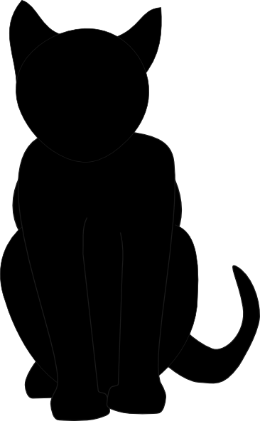 Black silhouette of a seated cat with upright ears and curved tail against white background.