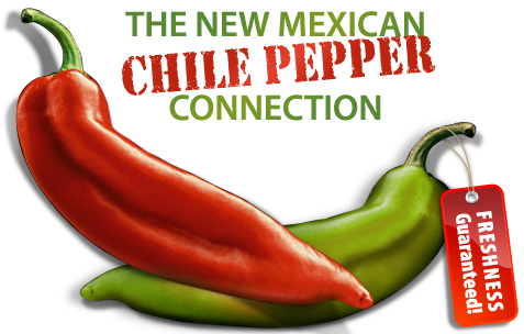 Vibrant red and green chile peppers with a "Freshness Guaranteed!" tag, set against black background with bold text overlay.