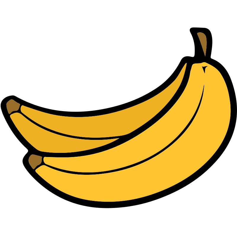 A stylized illustration of three yellow bananas with brown stems and highlights, set against a black background.